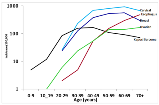 Figure2: Incidence of top five cancers by age
