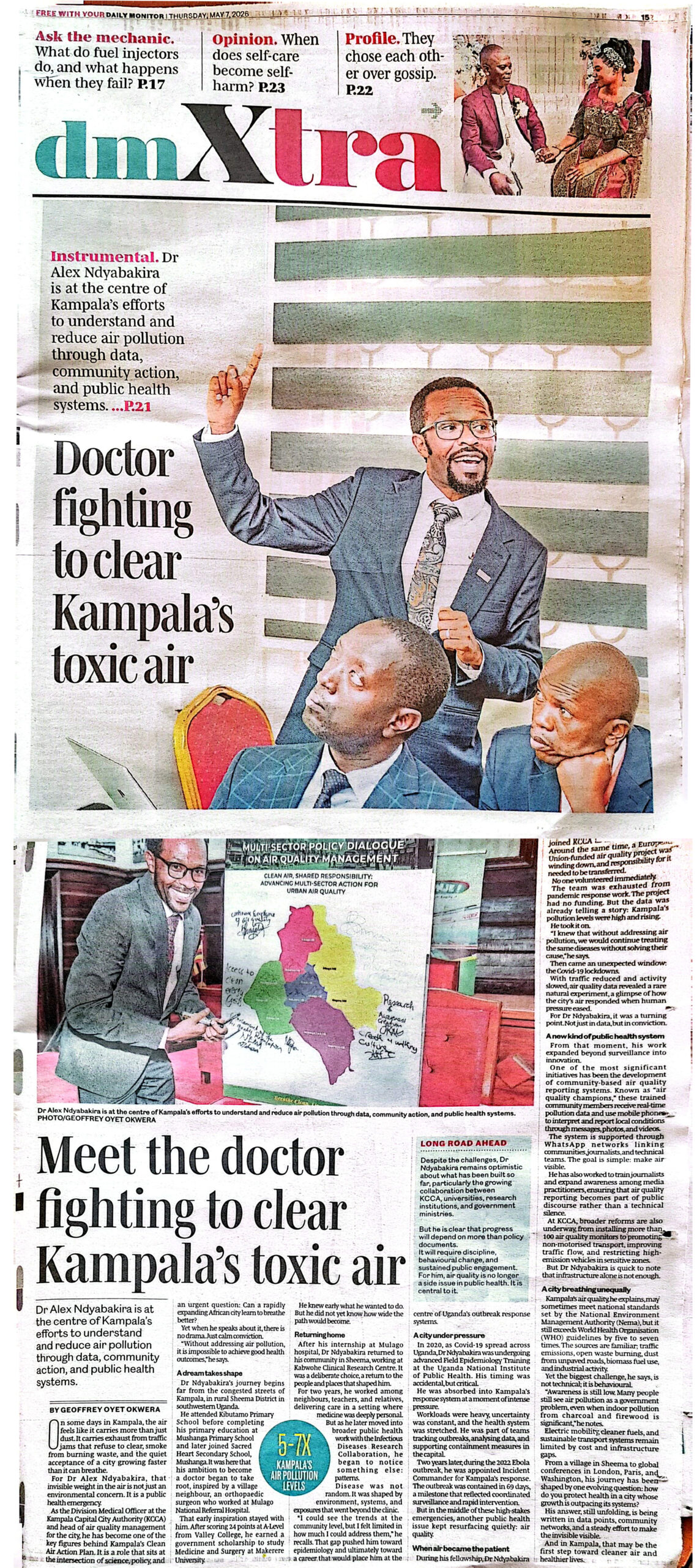 Front page photo of Dr. Alex Ndyabakira presenting to colleagues as the headline reads 'Doctor fighting to clear Kampala’s toxic air'.