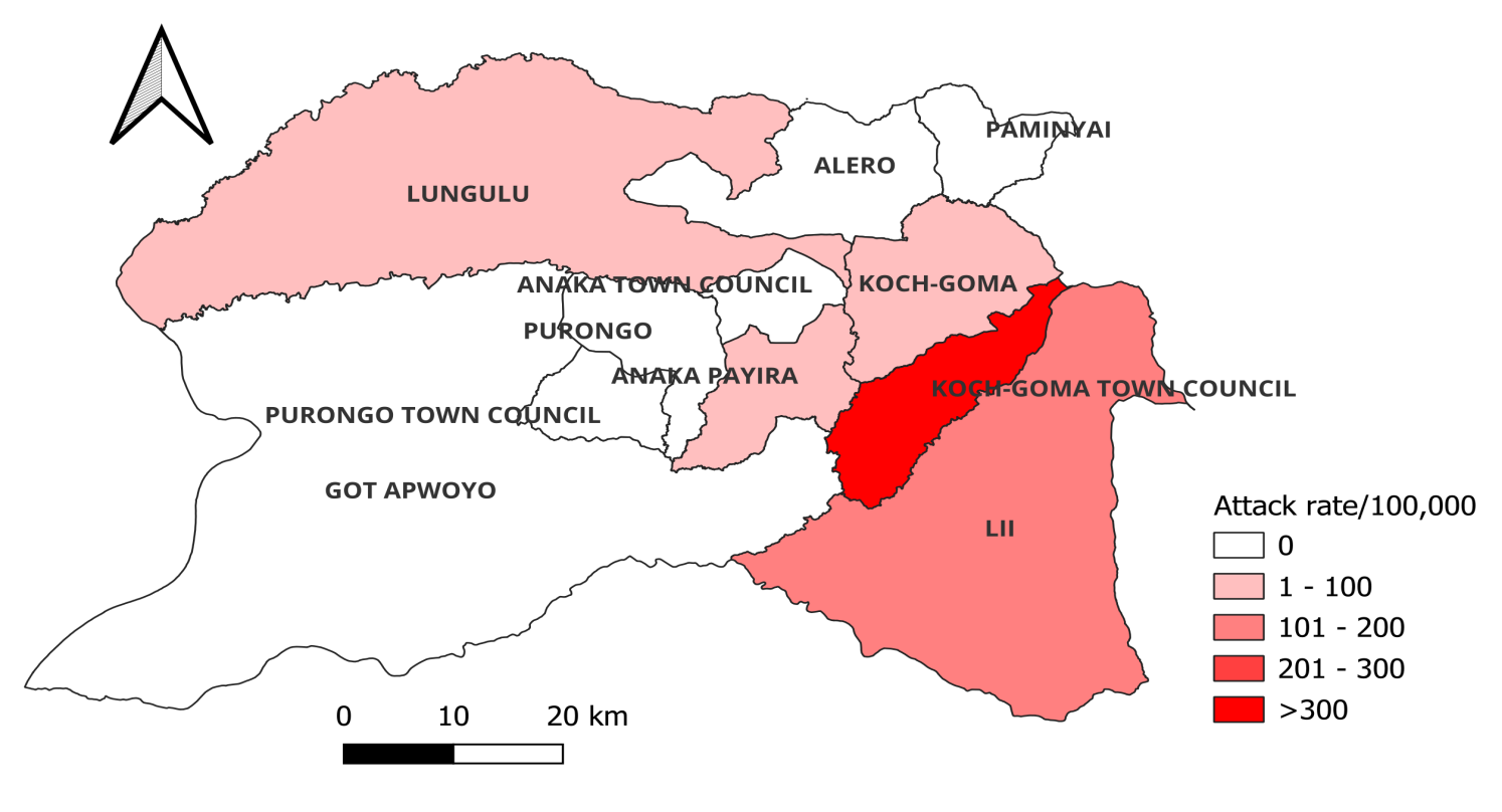 Map of districts showing attack rates per 100,000; color ranges from light pink (lower) to dark red (highest); includes legend and labels like LUNGULU, KOCH-GOMA, POC.